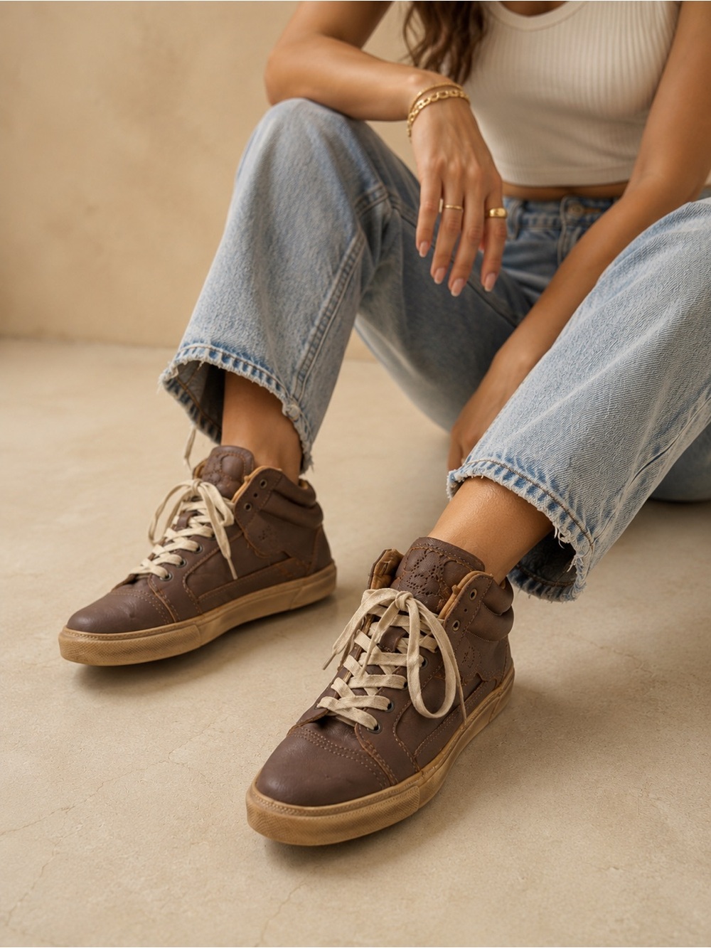 Frye Kira Leather High Top Sneakers Women’s 8.5 Brown Lace Up Pre Frye & Co